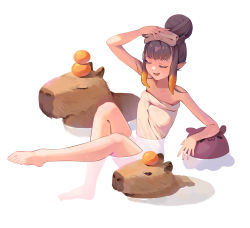 Rule 34 | 1girl, :3, animal, bare shoulders, barefoot, blush, capybara, closed eyes, fang, flat chest, food, fruit, hair bun, highres, hololive, hololive english, meiyan (boyimachao), naked towel, ninomae ina&#039;nis, open mouth, orange (fruit), partially submerged, pointy ears, purple hair, single hair bun, smile, solo, takodachi (ninomae ina&#039;nis), tentacle hair, towel, virtual youtuber