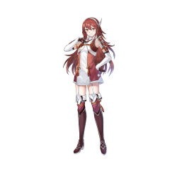 Rule 34 | 1girl, armor, blush, boots, caeldori (fire emblem), closed mouth, dress, elbow gloves, fire emblem, fire emblem fates, fire emblem heroes, flat chest, full body, garter straps, gloves, hair ornament, hairband, hand on own hip, hand on own chest, hand up, high heels, highres, knee boots, long hair, looking at viewer, nintendo, official art, red eyes, red hair, short dress, shoulder armor, smile, solo, standing, tan (tangent), thigh boots, thighhighs, transparent background, zettai ryouiki
