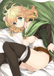 Rule 34 | 10s, 1girl, belt, blonde hair, breasts, cape, earrings, granblue fantasy, green eyes, highres, jewelry, large breasts, lying, naruse hirofumi, nipples, off shoulder, on side, short hair, smile, solo, teena (granblue fantasy), thighhighs