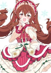 Rule 34 | 1girl, ahoge, animal ears, blush, brown eyes, brown hair, commentary, cow, dress, frilled dress, frills, hair between eyes, highres, horse ears, horse girl, kamuraaa 615, long hair, looking at viewer, mejiro bright (starry snow lolita) (umamusume), mejiro bright (umamusume), official alternate costume, official alternate hairstyle, open mouth, puffy sleeves, red dress, simple background, smile, snowflake print, solo, twintails, two-tone dress, umamusume, very long hair, white background, white dress