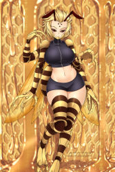 Rule 34 | 1girl, antennae, bee girl, blonde hair, breasts, brown eyes, claws, commission, curvy, extra arms, extra eyes, hive, honey, arthropod girl, insect wings, kiira (monster musume), large breasts, lindaroze, looking at viewer, midriff, miniskirt, monster girl, monster musume no iru nichijou, navel, no pupils, no sclera, short hair, skirt, smile, solo, watermark, web address, wings, zipper