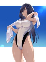 Rule 34 | 1girl, armpits, backlighting, bare arms, bare shoulders, black hair, blue eyes, breasts, competition swimsuit, covered navel, cowboy shot, groin, highleg, highres, holding, icomochi, impossible clothes, impossible swimsuit, large breasts, lens flare, long hair, looking at viewer, one-piece swimsuit, open mouth, original, solo, sunlight, swimsuit, thighs, towel, wet, white one-piece swimsuit