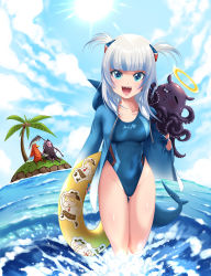 Rule 34 | 1girl, alternate breast size, animalization, bloop (gawr gura), blue eyes, blue one-piece swimsuit, blue sky, blunt bangs, character name, cloud, commentary request, competition swimsuit, cowboy shot, day, fins, fish tail, gawr gura, highleg, highleg swimsuit, highres, hololive, hololive english, island, lolita majin, medium hair, mori calliope, multicolored hair, ninomae ina&#039;nis, ocean, one-piece swimsuit, outdoors, shark girl, shark tail, sharp teeth, silver hair, sky, smol ame, soaking feet, standing, streaked hair, swimsuit, tail, takanashi kiara, takanashi kiara (phoenix), teeth, two side up, virtual youtuber, wading, water, watson amelia