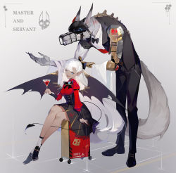 Rule 34 | 1boy, 1girl, absurdres, animal ears, ankle socks, bat wings, black footwear, black legwear, black skirt, blood, blue eyes, bow, bowing, bowtie, braid, breasts, butler, cocktail glass, collar, collared shirt, commentary, corset, cup, dark skin, demon tail, drinking glass, english commentary, english text, fangs, french braid, furry, furry male, helic (7317helic), high-waist skirt, highres, loafers, long hair, long sleeves, looking at viewer, mechanical arms, medium breasts, nail polish, neck ribbon, open mouth, original, pleated skirt, pointy ears, red nails, red shirt, ribbon, scar, shirt, shoes, single mechanical arm, sitting, skirt, smile, socks, tail, vampire, very long hair, werewolf, white hair, white legwear, wings, wolf ears, wolf tail