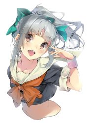 Rule 34 | 1girl, bow, brown eyes, collarbone, cropped torso, green bow, grey hair, hair bow, hario 4, highres, kantai collection, looking at viewer, midriff, open mouth, ponytail, school uniform, serafuku, short sleeves, simple background, smile, solo, tank top, upper body, white background, wristband, yuubari (kancolle)