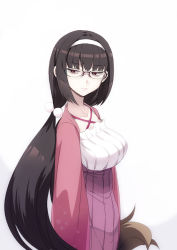 Rule 34 | 1girl, black hair, breasts, brown hair, dress, fate/grand order, fate (series), glasses, gradient hair, hair bobbles, hair ornament, highres, jacket, large breasts, long hair, looking at viewer, looking to the side, low twintails, multicolored hair, open clothes, open jacket, osakabehime (fate), purple eyes, puyo (puyotopia), ribbed dress, solo, twintails, very long hair, white background