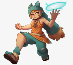 Rule 34 | 1boy, absurdres, blonde hair, child, clenched hand, commentary, english commentary, fantasy, full body, green hat, hat, highres, long hair, looking at viewer, male focus, shorts, simple background, smile, solo, son razz, wakfu, white background, yellow eyes, yugo (wakfu)