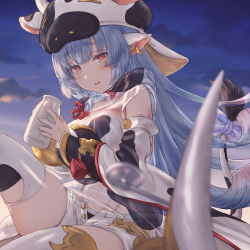 Rule 34 | 1girl, animal print, blue hair, bottle, bow, breasts, catura (granblue fantasy), cow hat, cow print, cow tail, detached sleeves, draph, granblue fantasy, highres, large breasts, long hair, milk bottle, short shorts, shorts, solo, tail, tail bow, tail ornament, thighhighs, tukune