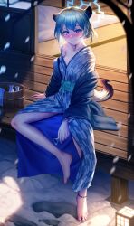 Rule 34 | 1girl, absurdres, animal ears, bath yukata, blue archive, blue halo, blush, breasts, cleavage, closed mouth, commentary, food, fruit, green hair, halo, highres, japanese clothes, kimono, long sleeves, manjo (warito), medium breasts, official alternate costume, purple eyes, shigure (blue archive), shigure (hot spring) (blue archive), short hair, sitting, smile, snow, solo, symbol-only commentary, tail, weasel ears, weasel tail, wide sleeves, yukata