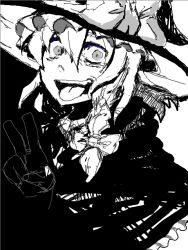 Rule 34 | 1girl, :p, female focus, hat, kirisame marisa, kirusu, monochrome, solo, tongue, tongue out, touhou, v, white background, witch, witch hat