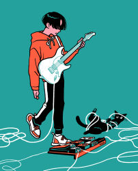 Rule 34 | 1boy, aqua background, black cat, black hair, black pants, cable, cat, guitar, holding guitar, holding instrument, hood, hood down, hoodie, instrument, kk724, leg up, long sleeves, original, pants, parted lips, pedal (instrument), red hoodie, shoes, short hair, simple background, solo, standing, wide shot, wire
