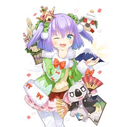 Rule 34 | 1girl, ;3, ;d, animal, aqua eyes, aran sweater, cable knit, coat, crown, folding fan, hair ornament, hand fan, hand on own chin, haori, japanese clothes, kadomatsu, kagami mochi, koala, leggings, light purple hair, long sleeves, looking at viewer, new year, official art, one eye closed, open mouth, pantyhose, rest and vacation, skirt, smile, solo, sweater, transparent background, two side up, uchi no hime-sama ga ichiban kawaii, volcano, white pantyhose