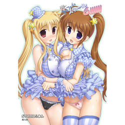 Rule 34 | 00s, 2girls, blonde hair, blue eyes, blush, bow, bow panties, breast press, breasts, brown hair, cameltoe, cleavage, clothes lift, cover, cover page, fate testarossa, frilled panties, frills, hat, hug, large breasts, long hair, lyrical nanoha, mahou shoujo lyrical nanoha, mahou shoujo lyrical nanoha strikers, mini hat, mini top hat, multiple girls, open mouth, panties, plaid, plaid skirt, raidon, red eyes, side ponytail, skirt, skirt lift, smile, star (symbol), striped clothes, striped legwear, striped thighhighs, sweat, symmetrical docking, takamachi nanoha, thighhighs, top hat, underwear, vertical-striped clothes, vertical-striped legwear, vertical-striped thighhighs, wrist cuffs, yuri