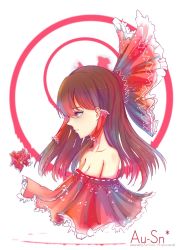 Rule 34 | 1girl, alternate costume, artist name, bare shoulders, bow, breasts, brown eyes, brown hair, chinese commentary, circle, cleavage, collarbone, commentary request, cropped torso, floating hair, flower, frilled bow, frills, hair bow, hakurei reimu, highres, large bow, medium breasts, medium hair, mole, mole under eye, name connection, profile, red bow, red circle, red flower, reimu (flower), ribbon, ribbon trim, simple background, solo, touhou, upper body, white background, white ribbon, yimaxue