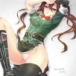 Rule 34 | 10s, 1girl, arms up, artist name, asymmetrical legwear, bad id, bad pixiv id, black thighhighs, blush, boots, bow, brown hair, cameltoe, elbow gloves, gloves, green eyes, hair between eyes, hair bow, hair ornament, hair ribbon, hortensias, kantai collection, lips, long hair, lying, maebari, no panties, on back, parted lips, pelvic curtain, ribbon, side slit, single elbow glove, single thighhigh, skindentation, solo, spread legs, thighhighs, thighs, tone (kancolle), tone kai ni (kancolle), twintails, uneven legwear, yellow eyes