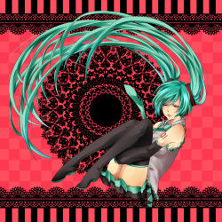 Rule 34 | 1girl, anti-gravity, aqua hair, bad id, bad pixiv id, detached sleeves, closed eyes, female focus, floating, floating hair, full body, hatsune miku, highres, long hair, necktie, rico (fbn3), sitting, skirt, solo, thighhighs, twintails, very long hair, vocaloid