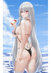 Rule 34 | 1girl, :o, absurdres, ass, azur lane, bare arms, bare shoulders, black one-piece swimsuit, blush, breasts, character request, chinese commentary, commentary request, drink, from behind, hair between eyes, highres, ichikushi mojibake, large breasts, long hair, looking at viewer, looking back, one-piece swimsuit, outdoors, parted lips, red eyes, solo, swimsuit, thighs, very long hair