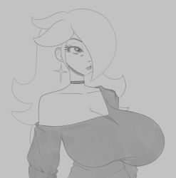 Rule 34 | 1girl, :/, archived source, bags under eyes, breasts, choker, cleavage, collarbone, earrings, eyelashes, greyscale, hair over one eye, half-closed eye, huge breasts, jewelry, lips, long hair, mario (series), monochrome, nintendo, reiduran, rosalina, shirt, single off shoulder, solo, star (symbol), star earrings, super mario galaxy, taut clothes, taut shirt