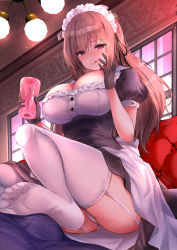 Rule 34 | 1boy, 1girl, :p, artificial vagina, black gloves, blush, breasts, brown hair, bulge, footjob, from below, garter straps, gloves, highres, large breasts, long hair, looking at viewer, mafuyu (kanden shoujyo), maid, maid headdress, mole, mole under mouth, original, panties, pantyshot, puffy short sleeves, puffy sleeves, red eyes, sex toy, short sleeves, sitting, solo focus, thighhighs, tongue, tongue out, underwear, white panties, white thighhighs