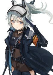 Rule 34 | 1girl, animal ear fluff, animal ears, arknights, arm up, armband, azuazu 0405, black gloves, black jacket, brown shirt, closed mouth, elbow gloves, gloves, grani (arknights), grey eyes, grey hair, highres, holding, jacket, long hair, open clothes, open jacket, ponytail, salute, shirt, short sleeves, simple background, smile, solo, white background
