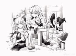 Rule 34 | 2girls, absurdres, against railing, apron, bow, chinese commentary, choko (cup), closed mouth, commentary request, cup, detached sleeves, food, frilled bow, frilled hair tubes, frilled hat, frills, fruit, gloves, greyscale, hair bow, hair tubes, hakurei reimu, hat, hat bow, hatching (texture), highres, holding, kirisame marisa, leaning, linear hatching, long hair, looking at another, mandarin orange, monochrome, multiple girls, open mouth, orange (fruit), orange slice, plate, railing, ribbon-trimmed sleeves, ribbon trim, scarf, shirt, sitting, sketch, skirt, sleeveless, sleeveless shirt, sleeves pushed up, smile, standing, tokkuri, touhou, unworn hat, unworn headwear, vest, waist apron, watermark, weibo logo, witch hat, ya17033999