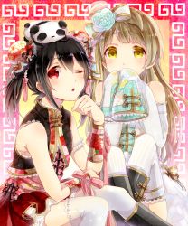 Rule 34 | 10s, 2girls, ;o, animal, animal on head, bare shoulders, black hair, blush, boots, brown hair, bun cover, chinese clothes, covering own mouth, detached sleeves, frills, hair ornament, looking at viewer, love live!, love live! school idol project, minami kotori, multiple girls, on head, one eye closed, panda, panda on head, poison916, red eyes, short twintails, sitting, skirt, sleeves past wrists, striped clothes, striped legwear, striped thighhighs, thighhighs, twintails, vertical-striped clothes, vertical-striped legwear, vertical-striped thighhighs, white legwear, yazawa nico, yellow eyes, zettai ryouiki