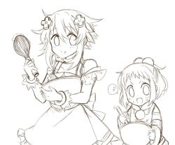 Rule 34 | 10s, 2girls, :o, apron, baking, bare shoulders, blush, bowl, d-pad, dress, fang, female focus, greyscale, hair bobbles, hair ornament, hekikuu (kanaderuyume), holding, monochrome, multiple girls, musical note, neptune (neptunia), neptune (series), off-shoulder dress, off shoulder, open mouth, parted lips, personification, pish, quaver, short hair, simple background, smile, spoken musical note, whisk, white background