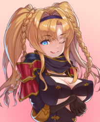 Rule 34 | 1girl, blonde hair, blue eyes, braid, breasts, cleavage, gloves, granblue fantasy, gwtm2288, highres, large breasts, long hair, one eye closed, solo, tongue, tongue out, twintails, zeta (granblue fantasy)