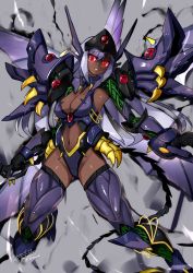 Rule 34 | 1girl, commission, corruption, dark-skinned female, dark persona, dark skin, dated, glowing, glowing eyes, grey background, highres, i.takashi, looking down, mecha musume, open hands, personification, red eyes, signature, skeb commission, solo, super robot wars, super robot wars original generation, weissritter
