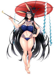 Rule 34 | 1girl, animal ears, ayato, azur lane, bikini, black hair, blue bikini, blue eyes, breasts, cleavage, covered erect nipples, curvy, full body, glasses, highres, holding, holding smoking pipe, holding umbrella, huge breasts, long hair, looking at viewer, oil-paper umbrella, oriental ornament, pipe on hand, rabbit ears, rabbit girl, red umbrella, smile, smoking pipe, solo, souryuu (azur lane), standing, swimsuit, tankini, thick thighs, thighs, two-piece swimsuit, umbrella, very long hair, wide hips