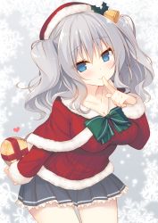 Rule 34 | 10s, 1girl, aran sweater, bell, blue eyes, box, breasts, cable knit, capelet, christmas, cleavage, collar, collarbone, female focus, finger to mouth, gift, gift box, hat, heart, heart-shaped box, kantai collection, kashima (kancolle), large breasts, long sleeves, looking at viewer, miko (royal milk), neck bell, santa costume, santa hat, shirt, shushing, silver hair, skirt, smile, solo, sweater, twintails