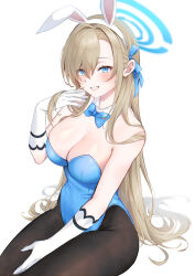 absurdres animal_ears asuna_(blue_archive) asuna_(bunny)_(blue_archive) bare_shoulders black_leotard black_pantyhose blue_archive blue_bow blue_bowtie blue_eyes blue_ribbon blush bow bowtie breasts brown_hair cleavage collar commentary_request detached_collar elbow_gloves fake_animal_ears gloves grin hair_between_eyes hair_ribbon hand_in_own_hair hand_up highleg highleg_leotard highres invisible_chair large_breasts leotard long_hair looking_at_viewer mole mole_on_breast moy pantyhose playboy_bunny rabbit_ears ribbon sitting smile teeth traditional_bowtie very_long_hair white_background white_collar white_gloves