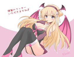 Rule 34 | 1girl, blonde hair, blue eyes, blush, breasts, demon wings, double bun, fletcher (kancolle), full body, hair bun, halloween costume, kantai collection, large breasts, long hair, off shoulder, one-hour drawing challenge, pink background, pleated skirt, school uniform, serafuku, shizuna kaede, skirt, thighhighs, twitter username, two-tone background, white background, wings