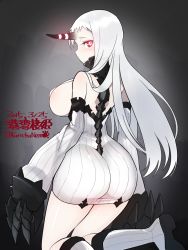 Rule 34 | 10s, 1girl, abyssal ship, ass, bare shoulders, breasts, character name, claws, colored skin, dated, detached sleeves, dress, female focus, highres, horns, image sample, kantai collection, kneeling, kuro chairo no neko, large breasts, long hair, long sleeves, red eyes, ribbed dress, seaport princess, short dress, sideboob, single horn, solo, thighs, twitter username, white dress, white hair, white skin