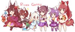 Rule 34 | 6+girls, ahoge, animal ears, asymmetrical hair, bad id, bad pixiv id, bell, black eyes, black hair, blush, bow, bowl, brown hair, cat ears, cat hair ornament, cat tail, chain, character name, chibi, cow ears, cow horns, cow tail, cowbell, cuffs, fang, flower, food, fox ears, fox tail, hair ornament, hairclip, horns, japanese clothes, kaenuco, kimono, lantern, leaf, long hair, magatama, meat, multiple girls, multiple tails, open mouth, original, ponytail, purple hair, rabbit ears, red hair, ribbon, rice bowl, shackles, short hair, side ponytail, sitting, smile, sweat, tail, tiger ears, tiger tail, white hair