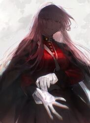 Rule 34 | 1girl, adjusting clothes, adjusting gloves, black skirt, buttons, coat, coat on shoulders, fate/grand order, fate (series), florence nightingale (fate), forzen, gloves, grin, hair down, jacket, long sleeves, looking at viewer, parted lips, pink hair, red eyes, red jacket, skirt, smile, solo, upper body, white background, white gloves