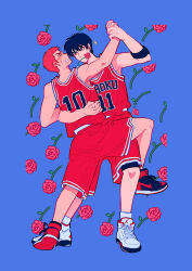 Rule 34 | 2boys, basketball jersey, basketball uniform, black eyes, black hair, black wristband, blue background, blush, couple, dancing, flower, flower in mouth, full body, hand on another&#039;s arm, hand on another&#039;s waist, heduel, highres, holding hands, leg on another&#039;s leg, looking at another, male focus, multiple boys, red flower, red hair, red rose, red shorts, red tank top, rose, rukawa kaede, sakuragi hanamichi, shoes, short hair, shorts, slam dunk (series), sneakers, sportswear, sweatdrop, tango, tank top, toned, toned male, white footwear, yaoi