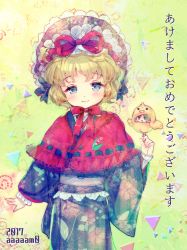 Rule 34 | 2017, adapted costume, amo (shibu3), artist name, black kimono, blonde hair, blue eyes, blush, bonnet, capelet, chick costume, chin strap, floral print, happy new year, highres, japanese clothes, kimono, long sleeves, looking at viewer, medicine melancholy, new year, obi, red ribbon, ribbon, sash, smile, su-san, touhou, wide sleeves