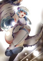Rule 34 | 1girl, blue hair, boots, breasts, detached sleeves, flower, hair flower, hair ornament, hairband, huge breasts, japanese clothes, kimono, knee pads, leotard, lights, long hair, obi, red eyes, ring dream, rose, sasaki yukime, sash, solo, suga leon, thigh boots, thighhighs, white footwear, white thighhighs, wrestling outfit, wrestling ring, yuki onna (ring dream)
