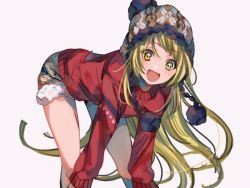 Rule 34 | + +, 1girl, :d, akaneya-ya, bang dream!, bare legs, bent over, blonde hair, blush, commentary, feet out of frame, fur-trimmed shorts, fur trim, knit hat, long hair, long sleeves, looking at viewer, open mouth, pom pom (clothes), red sweater, shorts, sidelocks, sketch, smile, solo, sweater, swept bangs, tsurumaki kokoro, very long hair, white background, winter clothes