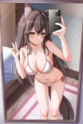 Rule 34 | 1girl, absurdres, animal ear fluff, animal ears, arknights, bed, bikini, black hair, breasts, brown eyes, cellphone, cleavage, feet out of frame, hair between eyes, highres, iphone, large breasts, long hair, looking at viewer, mirror, phone, selfie, side-tie bikini bottom, smartphone, solo, svo23, swimsuit, tail, taking picture, texas (arknights), wolf ears, wolf girl, wolf tail