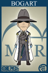 Rule 34 | 1boy, artist name, black necktie, bogard (one piece), brown hair, character name, chibi, closed mouth, coat, coat on shoulders, crossed arms, english text, epaulettes, full body, hat, hat over eyes, highres, jimjimfuria, jolly roger, logo, male focus, necktie, one piece, short hair, skull and crossbones, solo, sword, weapon