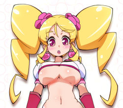Rule 34 | 10s, 1girl, :o, alternate color, alternate eye color, alternate form, blonde hair, blush, body blush, breasts, cure honey, cure honey (popcorn cheer), earrings, from below, happinesscharge precure!, heart, heart earrings, iruka-margarine, jewelry, large breasts, long hair, magical girl, md5 mismatch, navel, oomori yuuko, open mouth, pink eyes, precure, ryuuta (cure ryuuta), shiny skin, sidelocks, smile, solo, twintails, underboob, white background, wrist cuffs