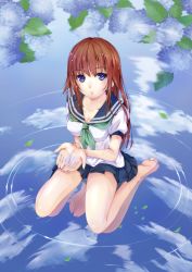 Rule 34 | 1girl, absurdres, amayofuu, barefoot, blue eyes, bra, breasts, brown hair, cleavage, cupping hands, flower, highres, hydrangea, lingerie, long hair, looking at viewer, medium breasts, original, own hands together, parted lips, reflection, ripples, school uniform, see-through, serafuku, sitting, skirt, smile, solo, underwear, wariza, water, wet, wet clothes