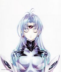 Rule 34 | 00s, 1girl, absurdres, android, blue hair, breasts, closed eyes, earrings, face, female focus, highres, jewelry, kos-mos, long hair, simple background, solo, transparent, xenosaga, xenosaga episode ii