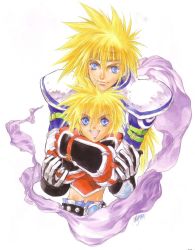 Rule 34 | 2boys, armor, blonde hair, blue eyes, father and son, gloves, headband, hug, hug from behind, inomata mutsumi, kyle dunamis, long hair, male focus, multiple boys, official art, signature, smile, stahn aileron, tales of (series), tales of destiny, tales of destiny 2, white background
