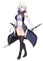 Rule 34 | 1girl, belt, black footwear, blue eyes, boots, breasts, cloak, cross, daiaru, elbow gloves, eyes visible through hair, gloves, high heel boots, high heels, highres, holding, holding sword, holding weapon, jewelry, large breasts, leotard, original, pendant, short hair, silver hair, solo, swept bangs, sword, thigh boots, thighhighs, weapon, white background, white gloves