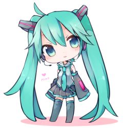 Rule 34 | 1girl, absurdly long hair, ahoge, bad id, bad pixiv id, black thighhighs, character name, chibi, detached sleeves, green eyes, green hair, hair ornament, hatsune miku, headset, heart, long hair, looking at viewer, matching hair/eyes, necktie, parted lips, pleated skirt, simple background, skirt, smile, solo, thighhighs, twintails, very long hair, vocaloid, white background, yukimiya (parupunta), zettai ryouiki