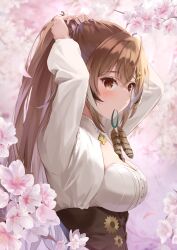 Rule 34 | 1girl, absurdres, ahoge, arms up, breasts, brown eyes, brown hair, cherry blossoms, cleavage, feathers, finale, from side, gears, highres, hololive, hololive english, long sleeves, looking at viewer, medium breasts, nanashi mumei, ponytail, runes, sidelocks, sideways glance, solo, tying hair, upper body, virtual youtuber