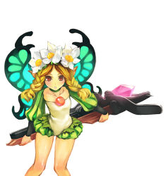 Rule 34 | 1girl, blonde hair, bow (weapon), braid, butterfly wings, crossbow, flower, hair flower, hair ornament, insect wings, long hair, mercedes (odin sphere), odin sphere, pointy ears, puff and slash sleeves, puffy sleeves, red eyes, simosi, simple background, solo, twin braids, walpurgisnacht, weapon, white background, wings